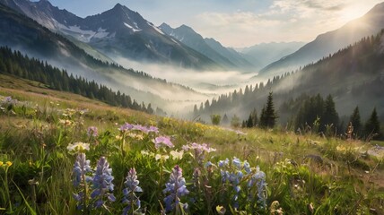 Majestic Mountain Valley Awakens to a Colorful Sunrise