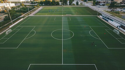 Obraz premium Aerial view of a soccer field with white lines and players engaged in action on a sunny day