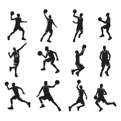 set Basketball player silhouettes on white background, vector illustration.