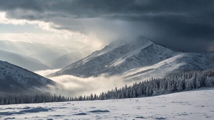 Obraz premium Sun Beams Through Clouds Over Snowy Mountain Valley