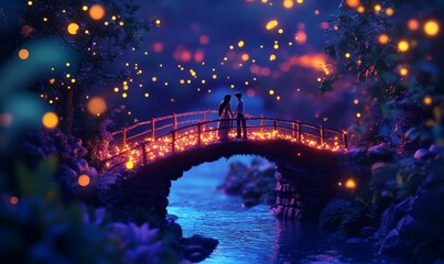 Couple on bridge, glowing lights, forest stream.