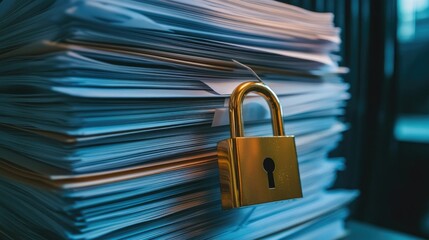 Naklejka premium Confidential documents stacked neatly with a golden padlock, symbolizing strong data security and protection in the workplace.