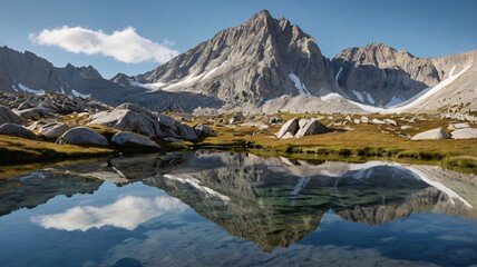 A jagged mountain peak reflects in a still alpine lake.