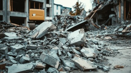 Fototapeta premium Construction rubble, concrete chunks, and debris covering the ground, reflecting the chaotic aftermath of demolition at a building site.