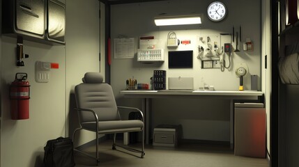 Fototapeta premium Home safe room setup, featuring a comfortable seating area, emergency supplies, and advanced security for residential safety.