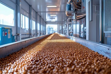 Conveyor Belt Filled with Roasted Coffee Beans in a Factory Setting