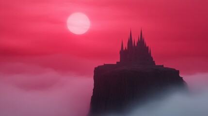 Obraz premium Dramatic castle silhouette against a vibrant red sky