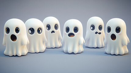 A playful group of animated ghosts displaying various cute expressions.