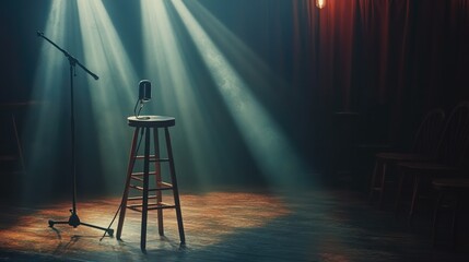 Empty comedy stage with a single microphone on a stand and stool, spotlight rays from reflectors cutting through the shadows