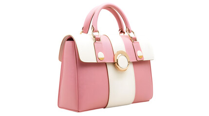 Pink handbag with white and gold accents, isolated on white background