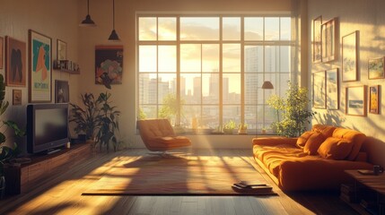 Fototapeta premium Living room with natural light flooding in through large windows, illuminating the space and creating a bright and airy atmosphere.