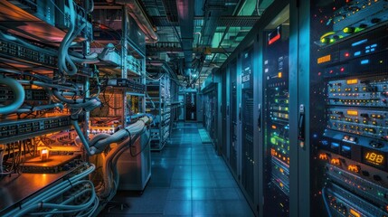 Server Room Interior with Rows of Network Equipment and Cables