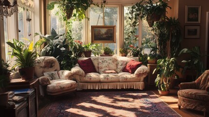 Fototapeta premium Living room with plants, adding greenery and life to the space through potted plants, hanging vines, and fresh flowers.