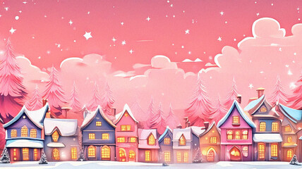Fototapeta premium Christmas Harmony in a Joyful Cartoon Wonderland with Christmas Trees, Cheerful Decorations, and Enchanting Details, Illuminating a Festive Village