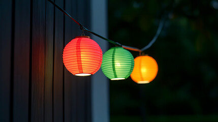 Obraz premium Colorful paper lanterns glowing softly in the dark, creating a warm and festive ambiance.