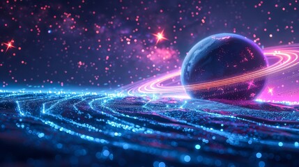 Futuristic space landscape with planetary rings and digital stars, glowing in a cosmic void