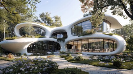 Modern, Organic Architecture Blending Seamlessly with Lush Greenery