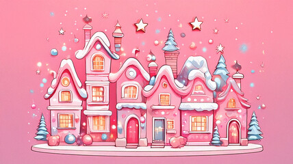 Obraz premium Christmas Harmony in a Joyful Cartoon Wonderland with Christmas Trees, Cheerful Decorations, and Enchanting Details, Illuminating a Festive Village