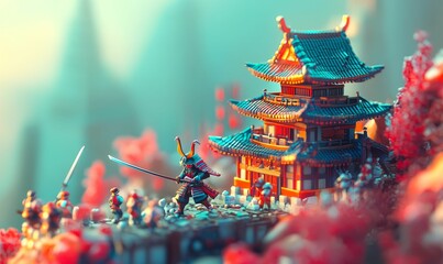 Fototapeta premium Samurai miniature figure fighting near a temple.
