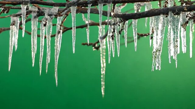 Winter's Icicle Embrace: A delicate cluster of icicles hangs from a weathered branch, their crystalline beauty illuminated against a vibrant green backdrop.