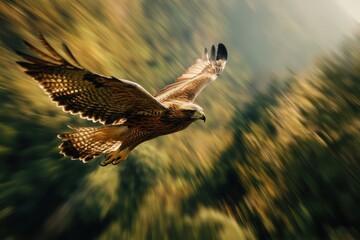 Obraz premium Hawk diving towards a distant valley, talons ready, sky blurred to emphasize the rapid descent, aerial, hunting, focus.
