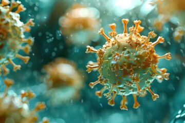 Hepatitis B Virus: A close-up illustration of Hepatitis B virus particles, showing the double-shelled structure and surface antigens.