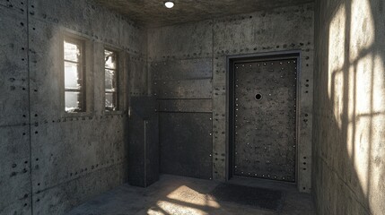 Obraz premium Reinforced safe room with concrete walls, bulletproof windows, and a secure entrance for maximum protection and safety.
