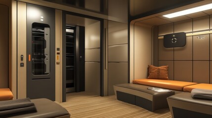 Obraz premium Safe room design for offices, providing secure spaces for employees during emergencies, with communication tools and safety features.