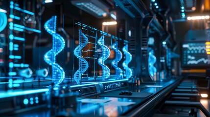 High-tech genomic research lab with illuminated DNA models, futuristic sequencing machines, and a digital interface displaying genetic data