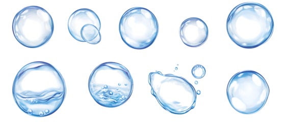 Collection set of water bubbles on transparent or white background, png isolated on white background