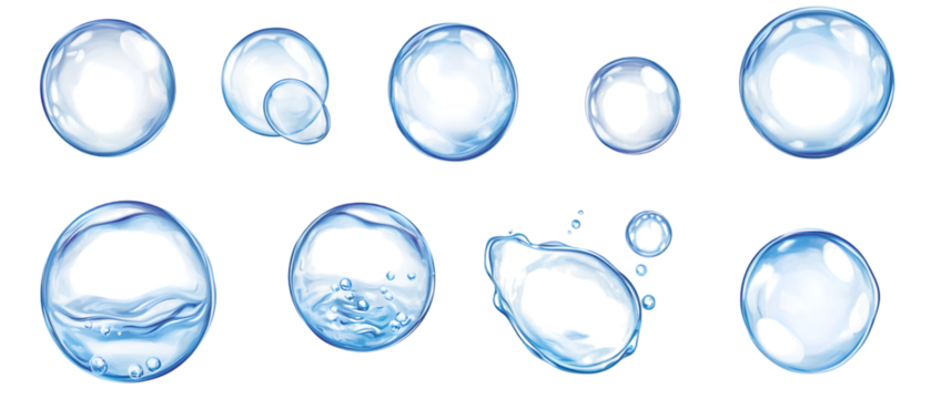 Collection set of water bubbles on transparent or white background, png isolated on white background