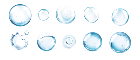 Collection set of water bubbles on transparent or white background, png isolated on white background