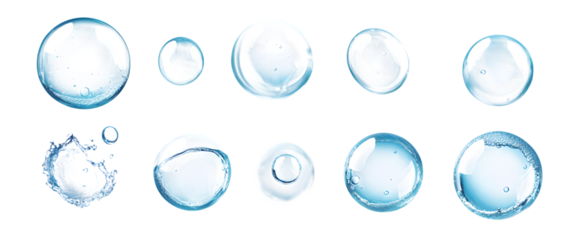 Collection set of water bubbles on transparent or white background, png isolated on white background