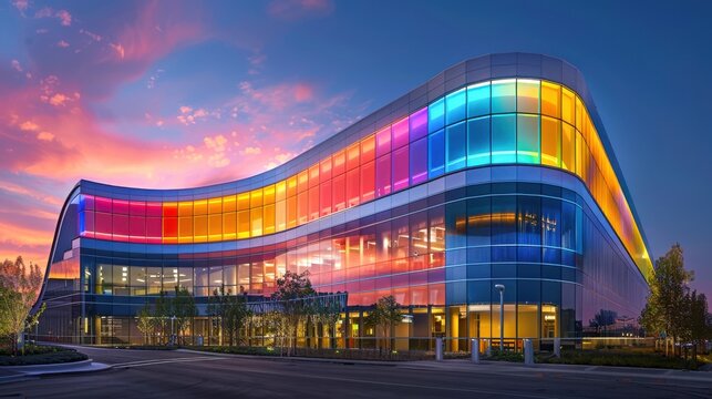 Hospital with a striking facade that changes colors with the seasons, utilizing advanced materials and lighting technology to create a dynamic appearance