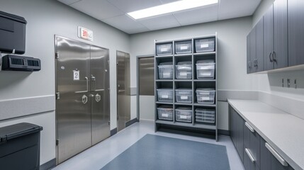Safe room storage area featuring locked cabinets, shelves for supplies, and organized spaces for emergency items.