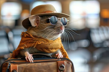 humanoid Rat in a Suitcase Traveling - airport lounge background 