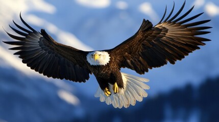 Fototapeta premium A bald eagle in mid-flight, its powerful wings cutting through the air with precision.