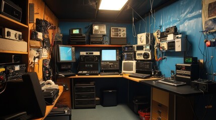 Safe room with communication system, featuring satellite phones, radio transmitters, and emergency messaging tools.