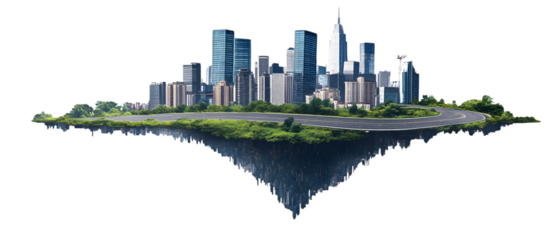 Flying island with road and modern city on transparency background PNG isolated on white background