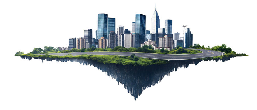 Flying island with road and modern city on transparency background PNG isolated on white background