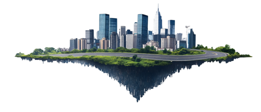 Flying island with road and modern city on transparency background PNG isolated on white background