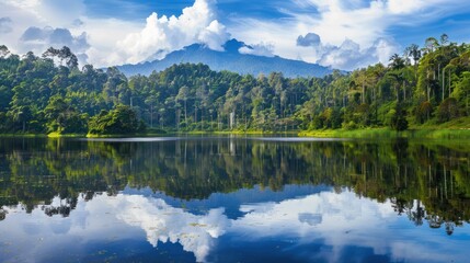 Fototapeta premium Tranquil lake reflecting a misty mountain and cloudy sky