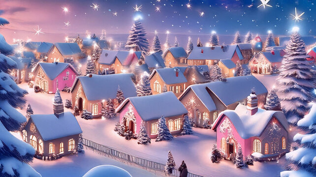 Christmas Harmony in a Joyful Cartoon Wonderland with Christmas Trees, Cheerful Decorations, and Enchanting Details, Illuminating a Festive Village
