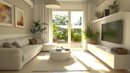 Fototapeta premium Small living room design that maximizes space efficiency, with multifunctional furniture and a light color scheme for a spacious feel.