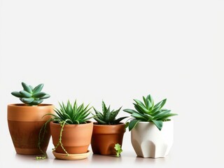 Fototapeta premium A collection of various plant pots photographed on a clean, white background, botanical, aesthetic