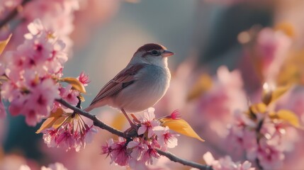 Fototapeta premium A bird perched delicately on a branch of cherry blossoms, surrounded by vibrant pink flowers.