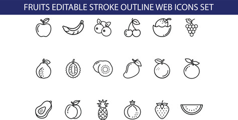 A set of 18 black outline icons depicting various fruits, including apple, banana, blueberry, cherry, watermelon, and more.