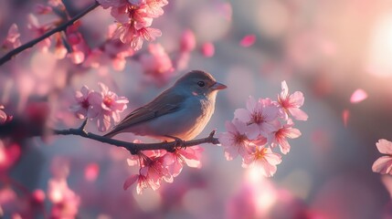 A bird perched delicately on a branch of cherry blossoms, surrounded by vibrant pink flowers.