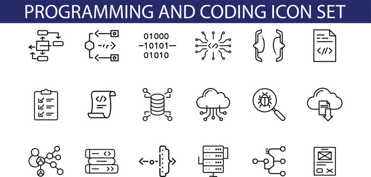 A set of 18 line icons representing programming and coding concepts, including flowchart, binary code, server, cloud computing, and more.
