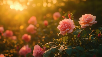 Obraz premium A blooming pink rose garden at dusk, bathed in the warm, golden light of the setting sun.